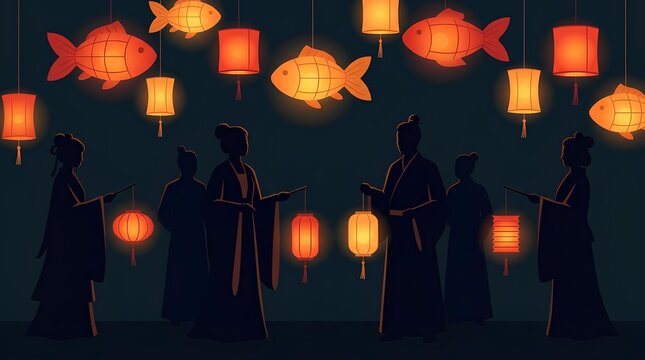 Silhouettes holding glowing fish lanterns at night.
