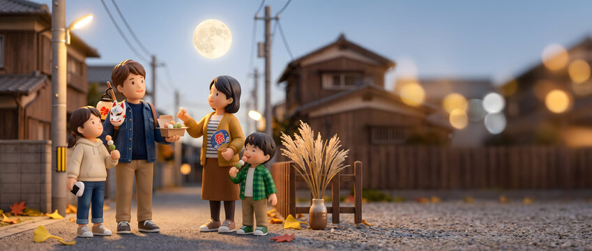 お祭り帰りの夜道で大きな満月を見上げながら三色団子を食べる家族の3Dイラスト
