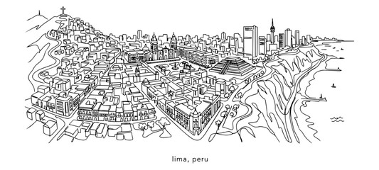 Obraz premium Lima Peru City Skyline Continuous Single Line Art Vector Illustration