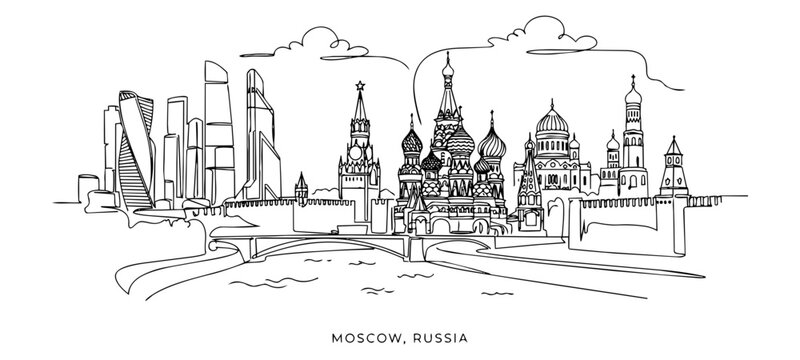 Moscow Russia City Skyline Continuous Single Line Art Vector Illustration