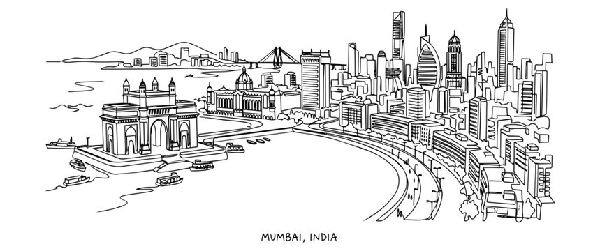 Mumbai India Skyline Landmark Continuous One Line Art Vector Illustration