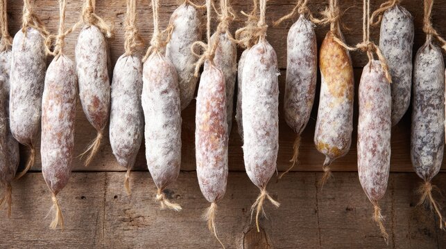 Top-Down Flat Lay of French Saucissons with White Mold on Rustic Wood