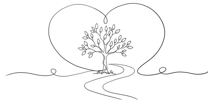 Minimalist Line Art of a Tree with Path Inside a Heart Representing Nature Love and Life Journey