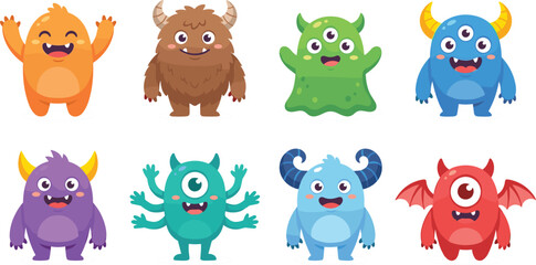 Fototapeta premium Cartoon monster illustration set featuring eight colorful fantasy creatures with horns, wings, multiple eyes, and playful expressions in children’s artwork