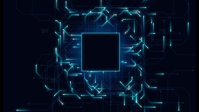 Central processing unit cpu microchip tech circuit animation loop background animated processor with active glowing data pathways transferring signals across a dark technological grid