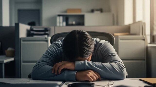 Exhausted young woman sleeping on desk at office, concept of burnout and workplace stress