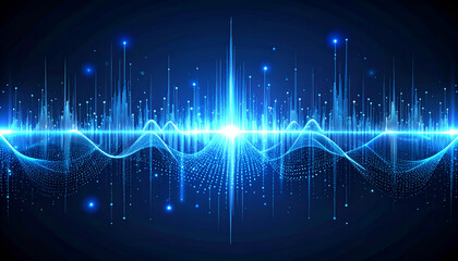 Fototapeta premium Digital illustration of a blue, glowing waveform. Lines and particles converge towards a bright point, creating a visual display of energy