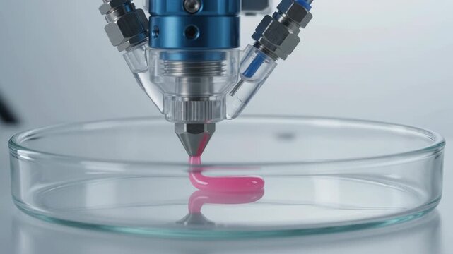 Personalized Medicine AI Bioprinter Nozzle Petri Dish Deposits Pink Gel for Laboratory Research Cell Culture Precision Therapy