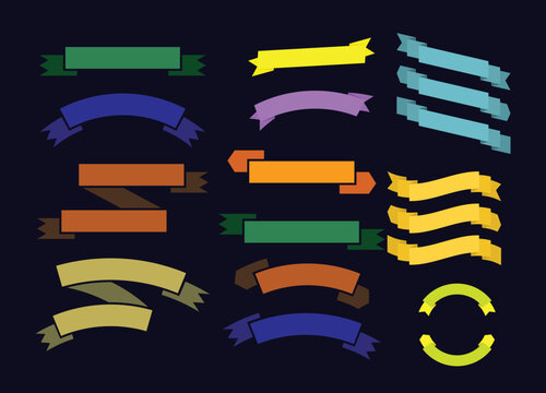 a comprehensive arrangement of colorful vector ribbons and banners featuring diverse styles and configurations on a dark background