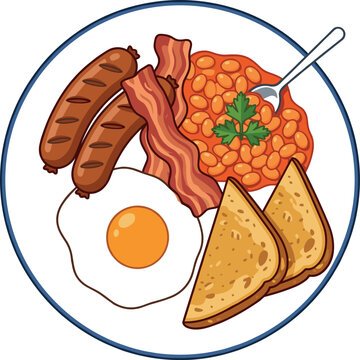 English breakfast plate vector illustration with fried egg sausages bacon strips baked beans toast and parsley top view.
