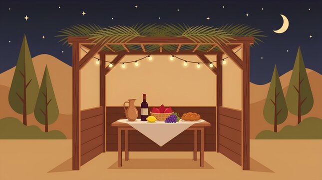 Sukkot Sukkah hut in desert landscape at night.