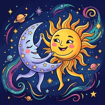 Cute cartoon sun and moon dancing in space illustration