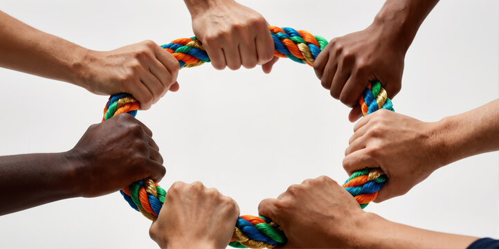 Diverse human hands unite. Team effort shared goal. Global unity trust Bridge multi colours harmony, braid cord ropes link. Group synergy support Network joint bond. Power vision, circle union concept