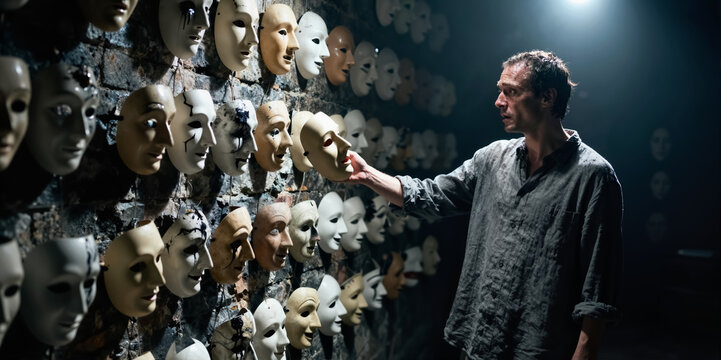 Alone actor choice Man play fake role, hide behind false facade. Hidden truth, social masks cover facial moods. Acting face sorrow, hiding mental health stress. Secret wall change Human void concept
