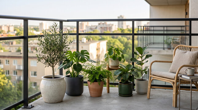 Lush green potted houseplants arranged on a sunny apartment balcony overlooking the city.