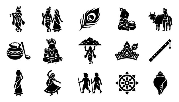 Krishna janmashtami vector icon set in flat black design