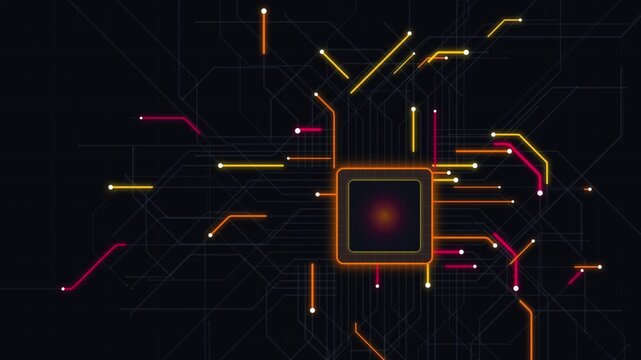 Central processing unit microchip data transfer technology background loop animated cpu surrounded by glowing circuit board traces and pulsing nodes transmitting signals across a dark technological