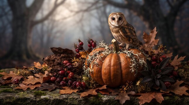 Barn owl on harvest pumpkin with autumn leaves in dark forest