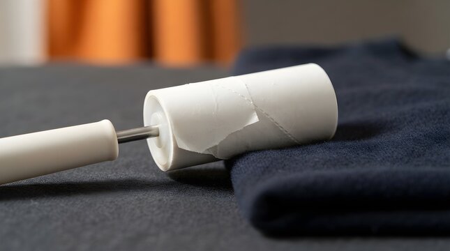 White lint roller on dark navy fabric, adhesive sticky roller for garment care, cleaning tool removing pet hair and dust from clothing