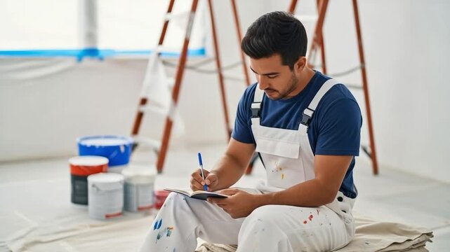 Young hispanic male painter writing notes in a notebook at a renovation site with paint cans and ladders