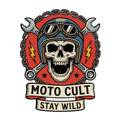 Fototapeta premium Motorcycle club emblem with skull in helmet vintage hand-drawn vector illustration for biker culture and retro branding Motorcycle club emblem with a skull wearing a vintage helmet and goggles