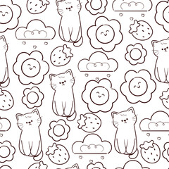 Fototapeta premium cute seamless pattern hand drawn cartoon cat with dessert and plant in outline style