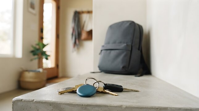 Smart bluetooth tracker on house keys. Blue electronic tag for finding lost items. Minimalist home entryway with backpack on bench.
