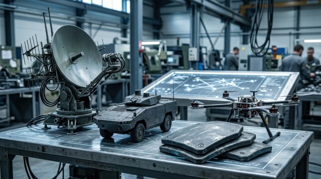 Defense industry growth with radar dish, armored vehicle silhouette, modular drone frame, ballistic plate, and strategic planning table.
