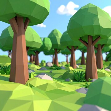 Low Poly Trees in Green Landscape.