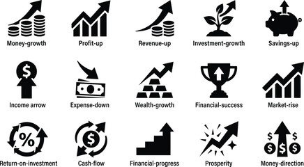Fototapeta premium Business and finance growth icons set showing financial success and profit