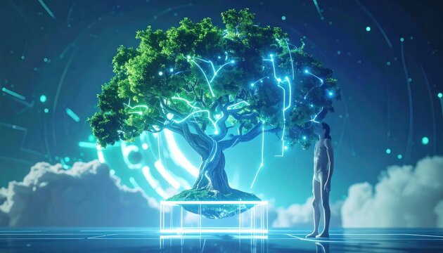 Futuristic glowing tree with blue lights.