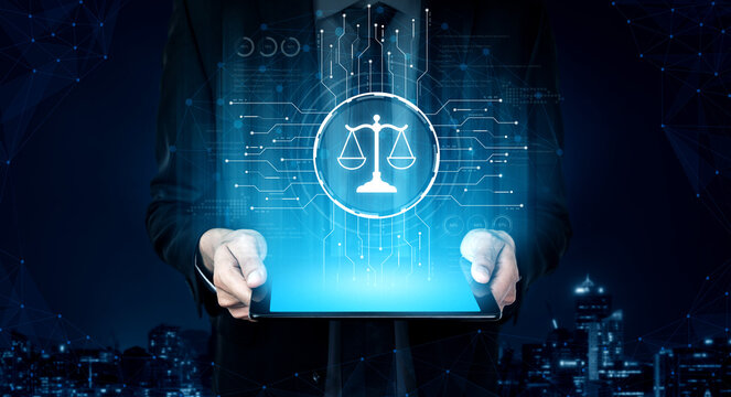 Futuristic digital law interface displaying justice scale, highlighting digital law, AI compliance, digital law systems, and digital law regulations for secure governance. Spline