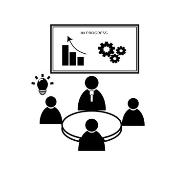 Business meeting concept icon showing team collaboration with lightbulb idea and progress chart on whiteboard