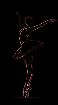 Minimalist line art illustration of elegant ballerina dancing gracefully on pointe with delicate glowing lines on black background