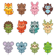 Fototapeta premium Cute Animal Characters on Leaf Shapes.
