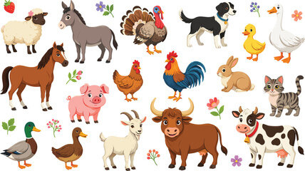 Fototapeta premium Cute Cartoon Farm Animals Vector Sticker Collection with Cow, Horse, Pig, Sheep, and Chicken Elements for Kids Educational Books and Designs