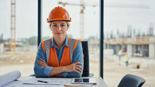 Confident female construction engineer sitting at office desk with blueprints and tablet