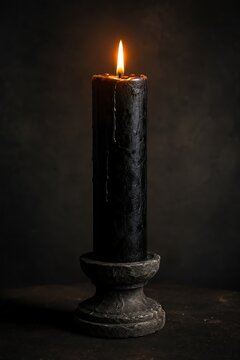 A single black pillar candle burns brightly, casting a warm glow in a dimly lit, atmospheric setting.