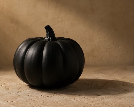 A single, dark, matte black pumpkin sits on a textured, light brown surface, casting a soft shadow.