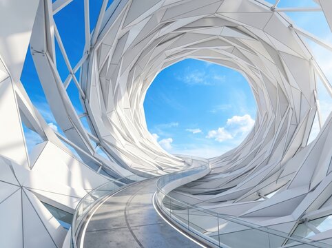 Futuristic white hallway curves dramatically toward an O-shaped opening showing sunny blue skies.