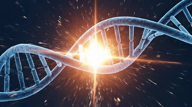 DNA strand mutation and genetic damage concept illustration showing a molecular breakdown with bright light