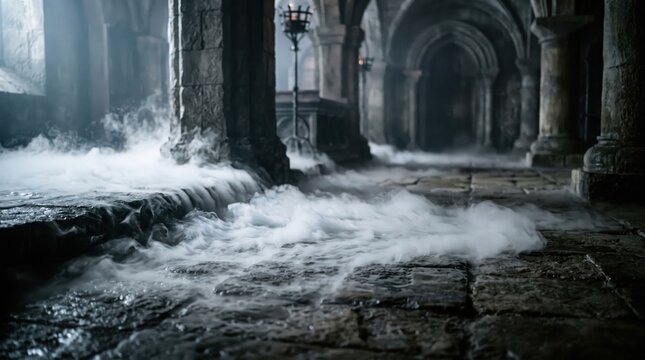 Low fog rolls across wet stone pavement inside a dark ancient castle hallway.