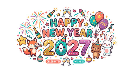 Fototapeta premium Happy New Year 2027 Cartoon Illustration with Cute Animals