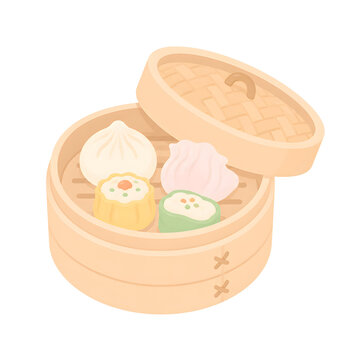 Cute dim sum dumplings, shumai, and bao in a bamboo steamer vector art