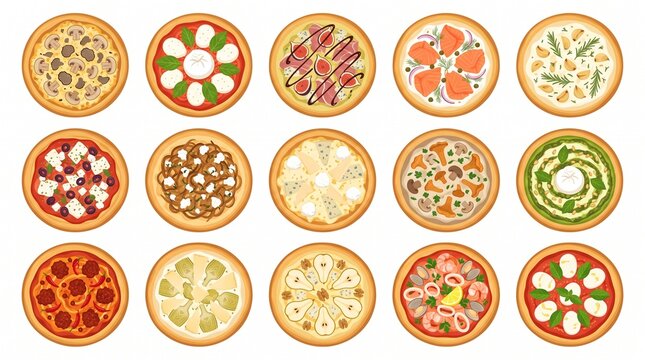 Colorful flat lay of assorted decorative pizza designs on golden crusts