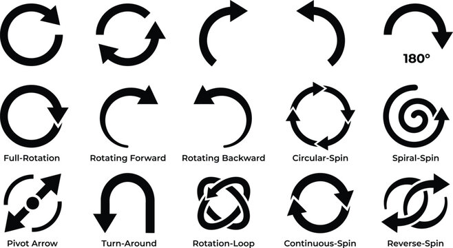 Set of black rotation and spin arrow symbols showing circular motion