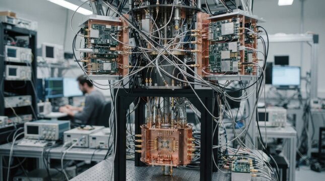 ADC and DAC quantum computing setup with cryogenic electronics, superconducting qubit chip, microwave cabling, and dilution refrigerator hardware.