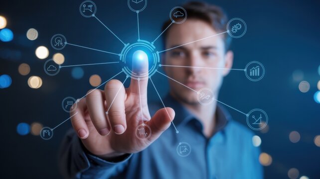 Businessman Touching Futuristic Digital Touchscreen Interface with Blue Bokeh Lights and Icons
