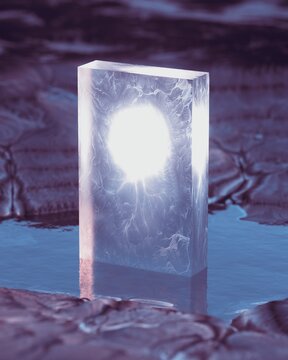 Glowing Crystal Monolith with Fractal Light Core in Misty Alien Landscape