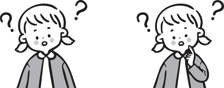 疑問を持つ女の子のイラストセット　上半身　ベクター（モノクロ）